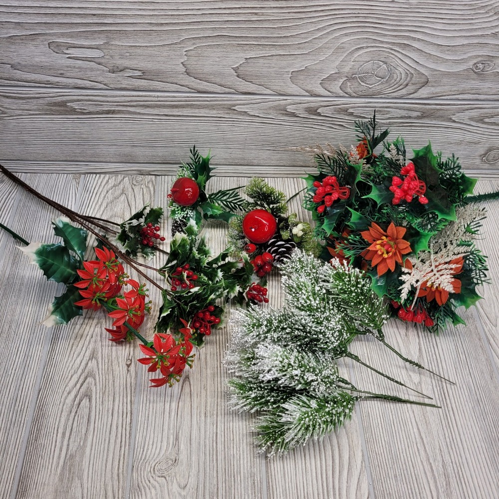 Christmas Holiday Floral Craft Lot‎ Holly Poinsettia Pine Apple Berry Poinsettia